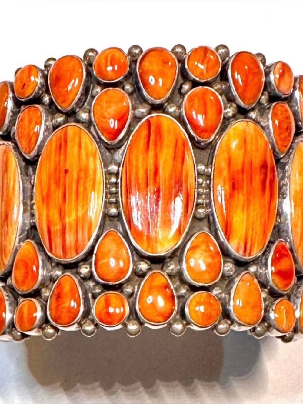 Orange Spiny Oyster Stone & Sterling Silver Statement Cuff Bracelet by Dee Nez N